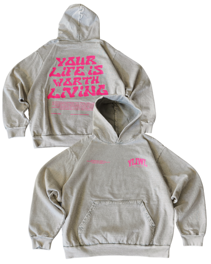 Pink + Limestone Heavyweight "YOUR LIFE IS WORTH LIVING" Hoodie (Collectors Edition)