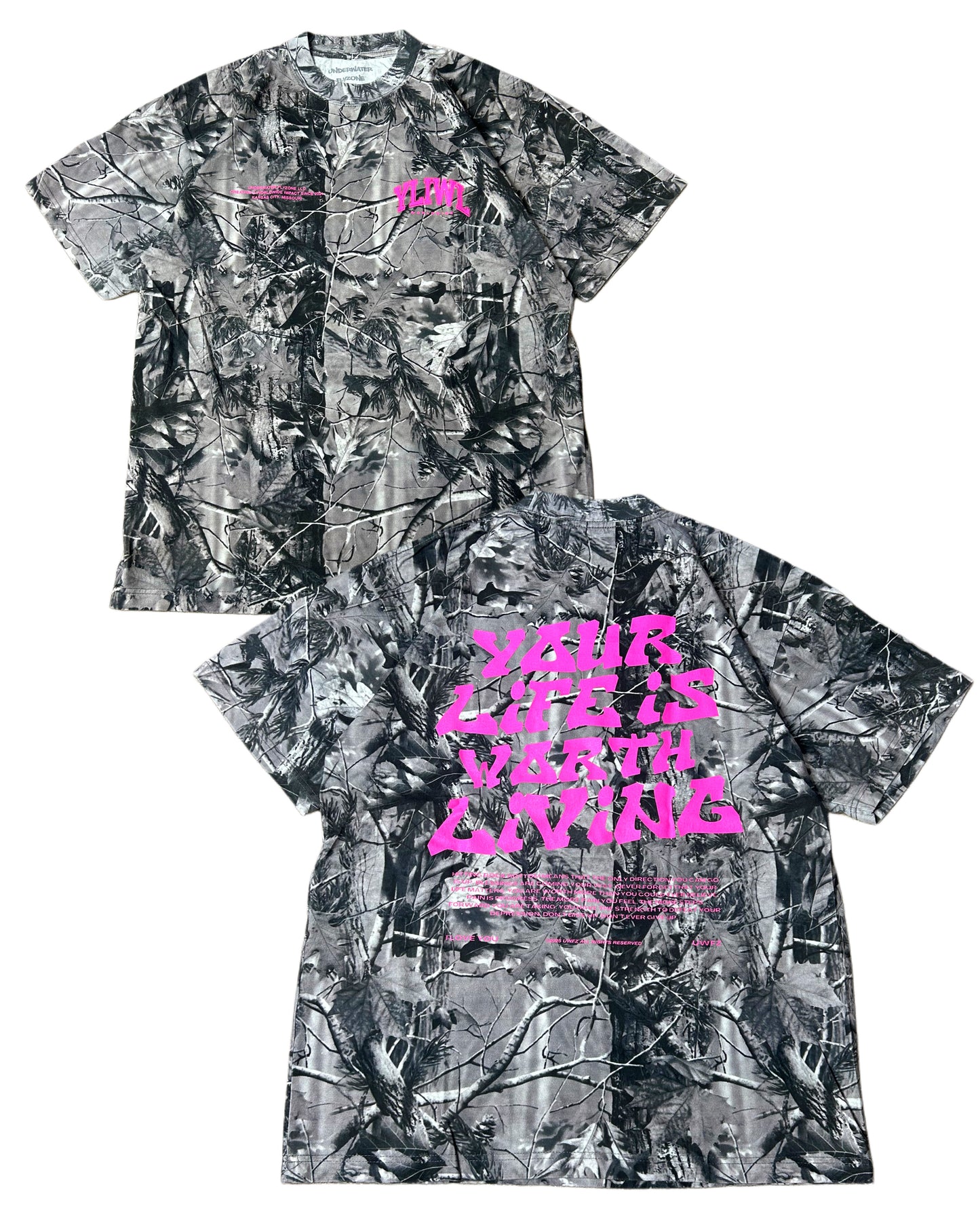 Pink + B&W Camo "Your Life is Worth Living" Heavy Weight T-Shirt