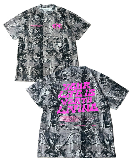 Pink + B&W Camo "Your Life is Worth Living" Heavy Weight T-Shirt