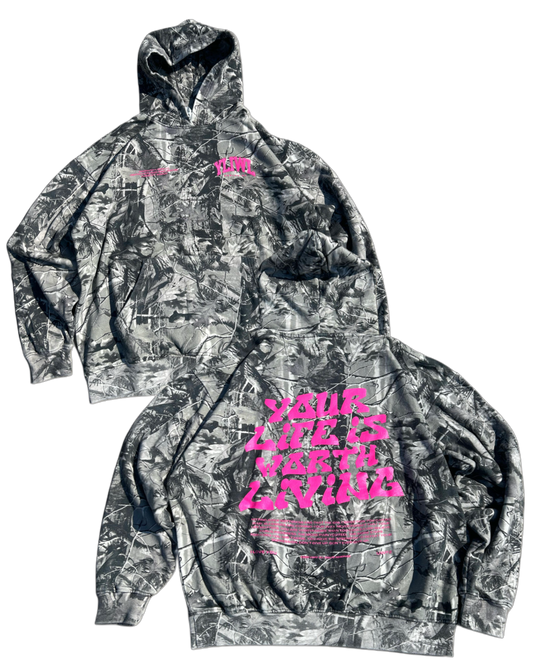 Pink B&W Camo "YOUR LIFE IS WORTH LIVING" Hoodie (Limited - 100% Cotton)