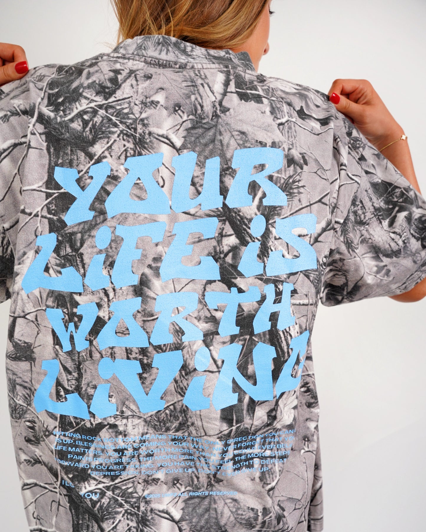 Blue + B&W Camo "Your Life is Worth Living" Heavy Weight T-Shirt