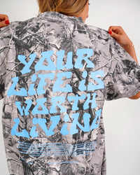 Blue + B&W Camo "Your Life is Worth Living" Heavy Weight T-Shirt