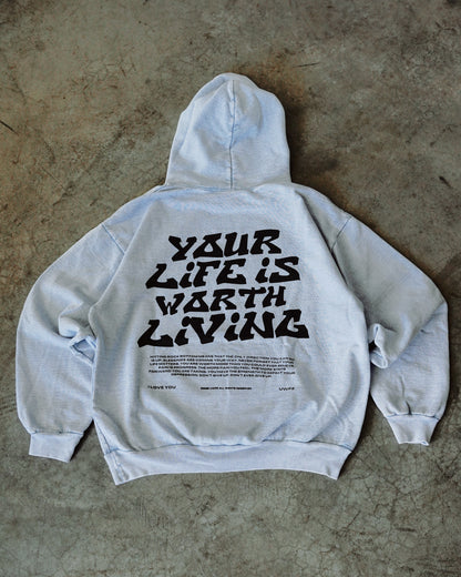 Black + Arctic Blue "YOUR LIFE IS WORTH LIVING" Hoodie (Collectors Edition)