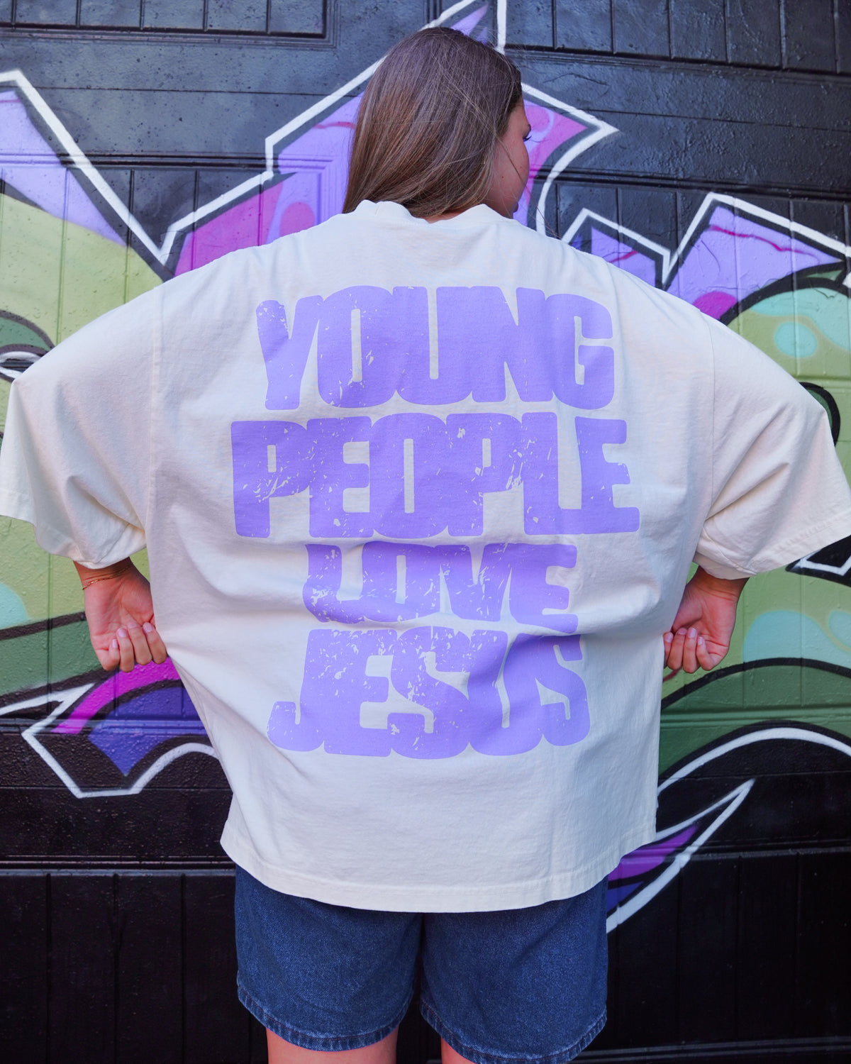 Cream + Lavender "YOUNG PEOPLE LOVE JESUS" Oversized Boxy T-Shirt
