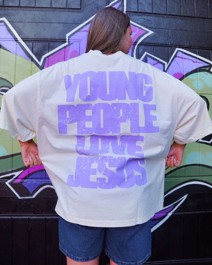 Cream + Lavender "YOUNG PEOPLE LOVE JESUS" Oversized Boxy T-Shirt