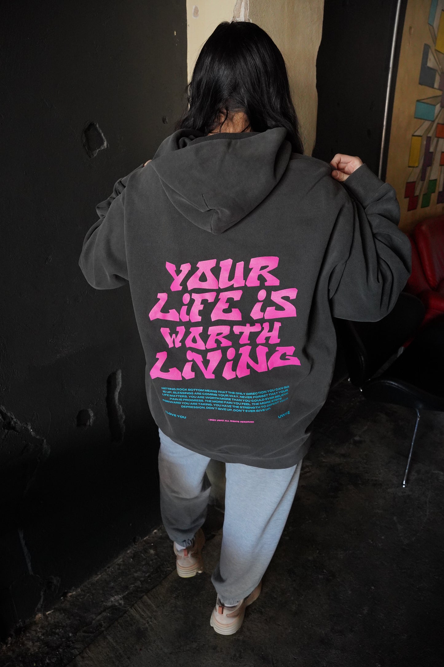 YLIWL Pink & Teal HeavyWeight Hoodie (Vintage Black)