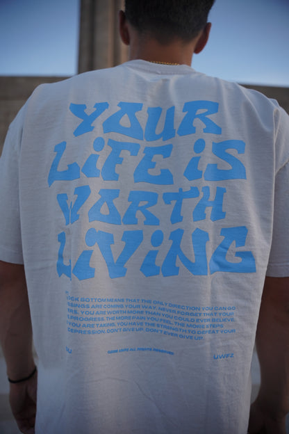 Grey + Powder Blue "YOUR LIFE IS WORTH LIVING" Boxy / Crop Cut Heavy Weight T-shirt