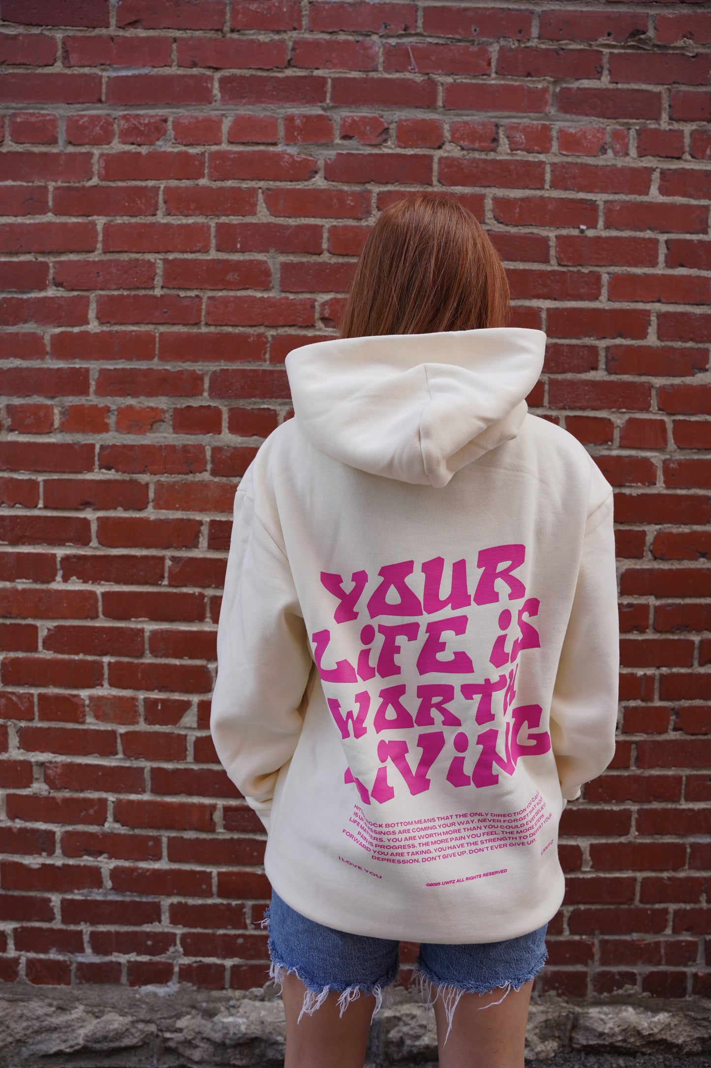 YOUR LIFE IS WORTH LIVING HOODIE - Bone & Pink