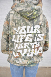 Camo "YOUR LIFE IS WORTH LIVING" Hoodie (100% Cotton)