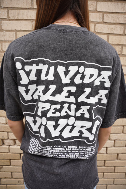 Black Mineral Washed "TU VIDA VALE LA PENA VIVIR" Heavy Weight T-Shirt