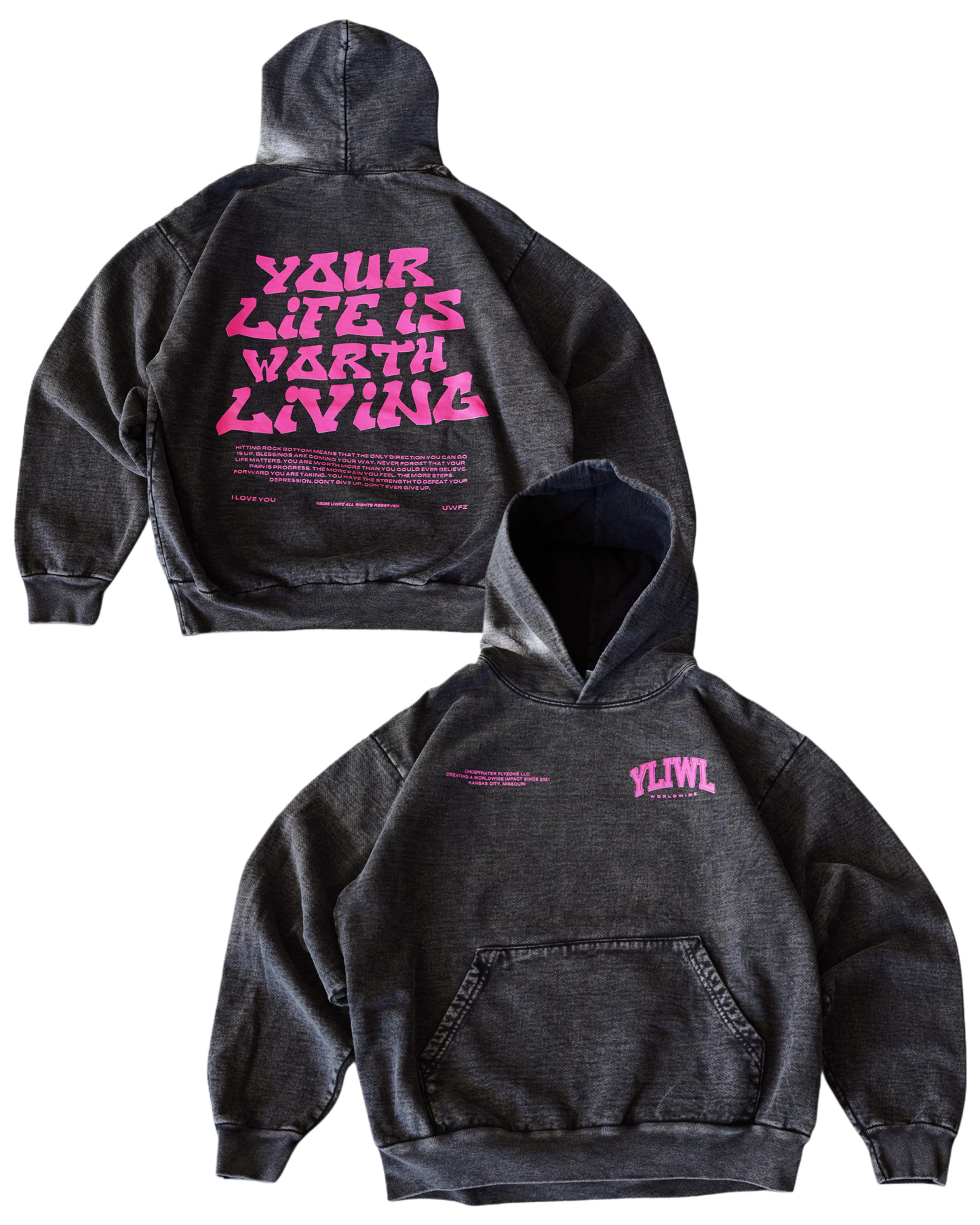 Pink + Mineral Wash Black "YOUR LIFE IS WORTH LIVING" Hoodie (Collectors Edition)