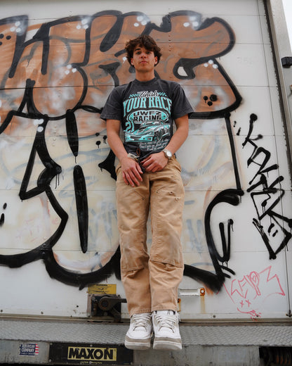 Black Mineral Washed + Teal “FINISH YOUR RACE" T-Shirt