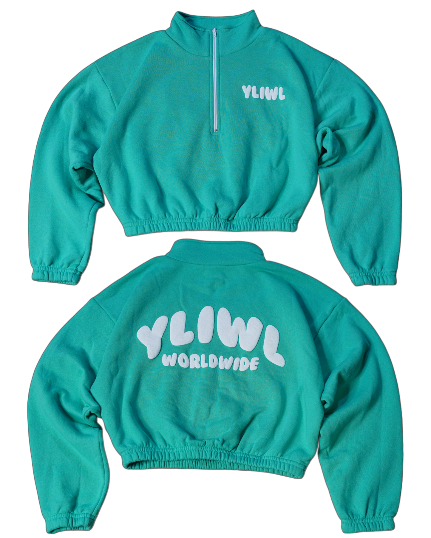 Teal + White PUFF PRINT "YLIWL" Half Zip Cropped Pullover