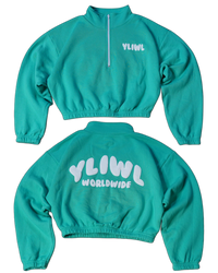 Teal + White PUFF PRINT "YLIWL" Half Zip Cropped Pullover