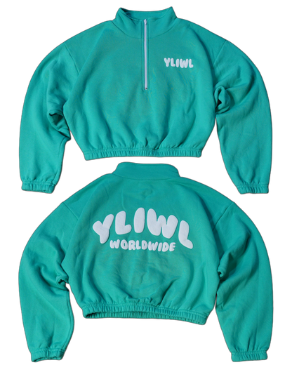 Teal + White PUFF PRINT "YLIWL" Half Zip Cropped Pullover