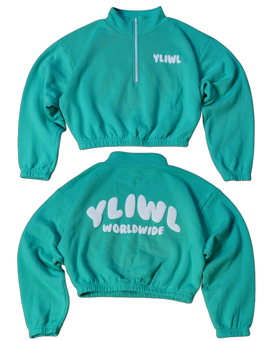 Teal + White PUFF PRINT "YLIWL" Half Zip Cropped Pullover