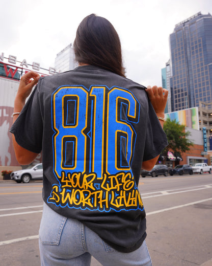 Vintage Black + Blue "816 DAY" Your Life Is Worth Living T-Shirt
