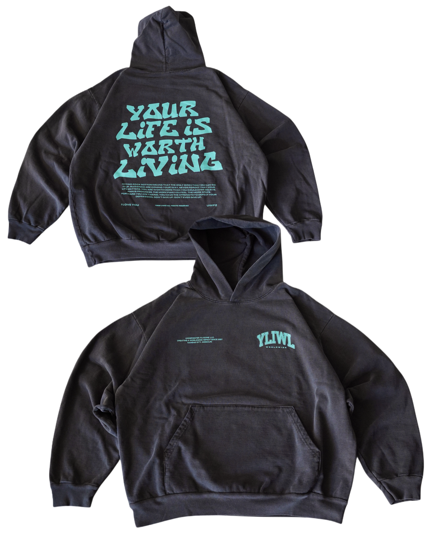 Teal + Vintage Black "YOUR LIFE IS WORTH LIVING" Hoodie (Collectors Edition)