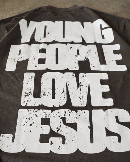 White + Vintage Black "YOUNG PEOPLE LOVE JESUS" Heavyweight T-Shirt