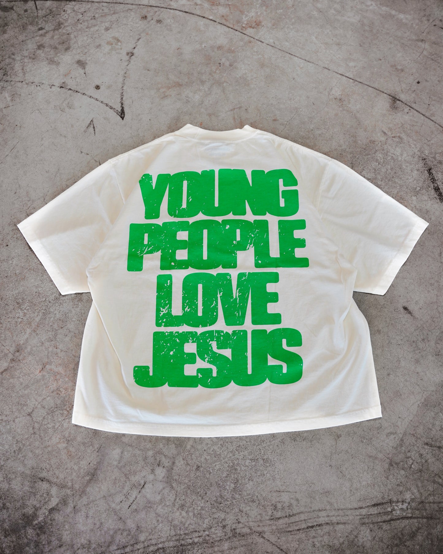 Cream + Green "YOUNG PEOPLE LOVE JESUS" Oversized T-Shirt