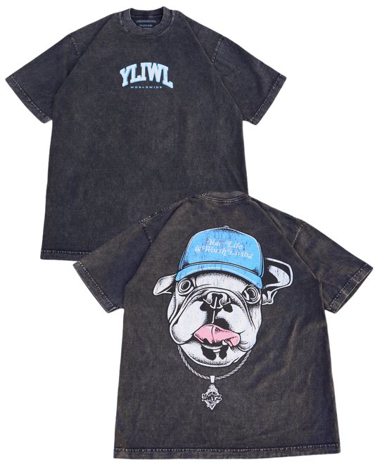 Mineral Wash Black + Blue DAWG "YOUR LIFE IS WORTH LIVING" Heavy Weight T-shirt