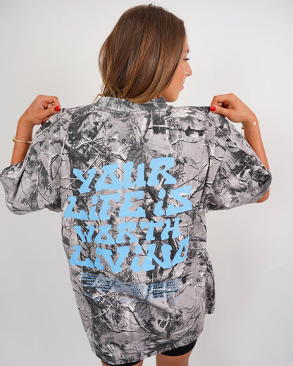 Blue + B&W Camo "Your Life is Worth Living" Heavy Weight T-Shirt