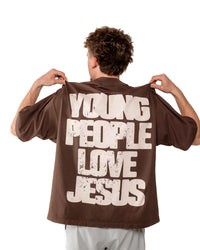 Brown + Cream "YOUNG PEOPLE LOVE JESUS" Oversized T-Shirt