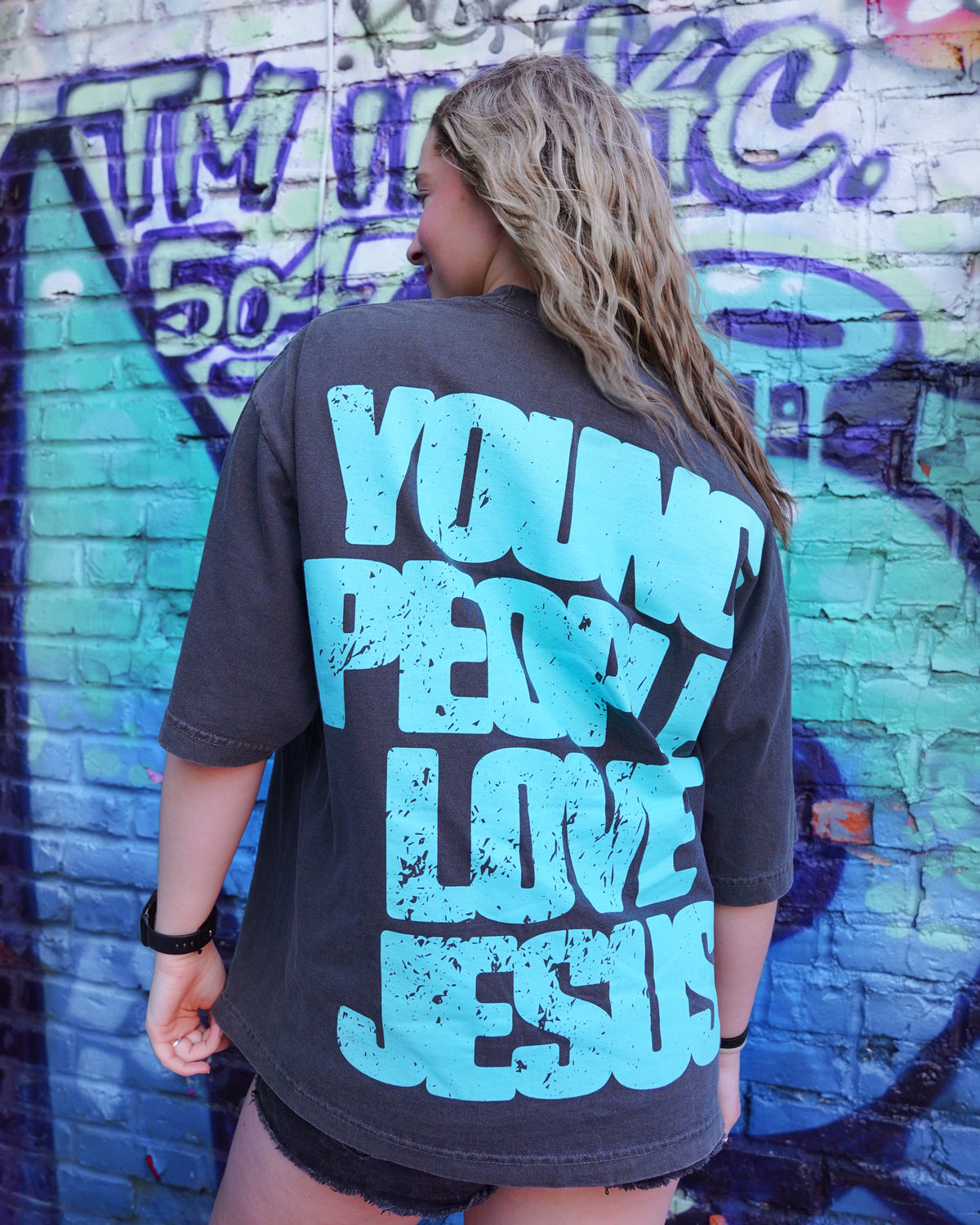 Vintage Black + Teal "YOUNG PEOPLE LOVE JESUS" Oversized Boxy T-Shirt