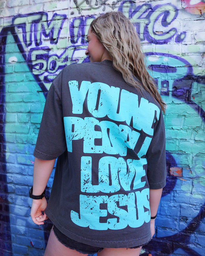 Vintage Black + Teal "YOUNG PEOPLE LOVE JESUS" Oversized Boxy T-Shirt