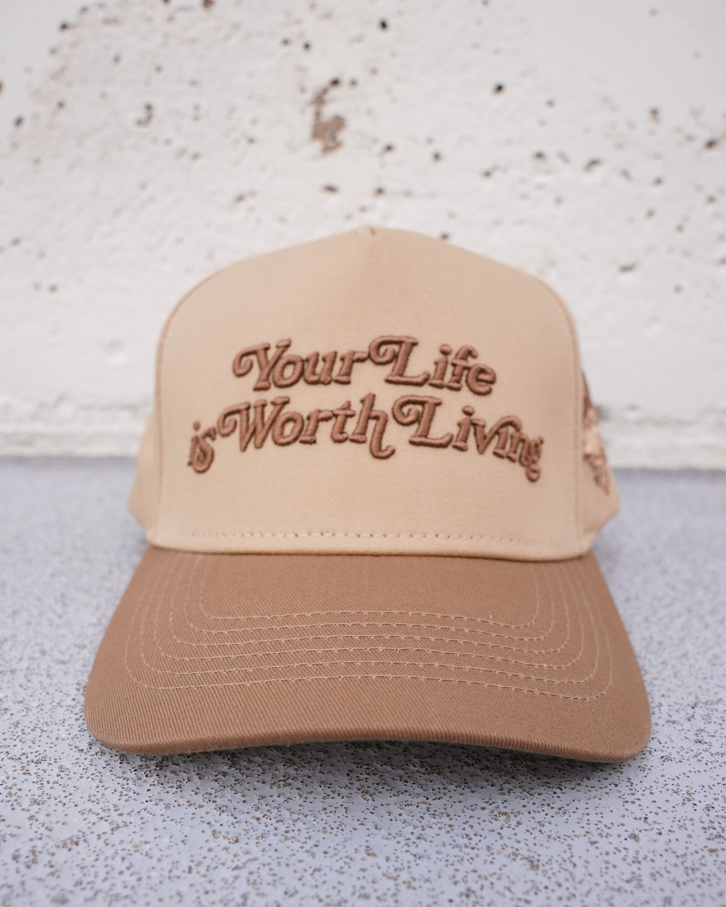 Tan + Brown "YOUR LIFE IS WORTH LIVING" Snapback Hat