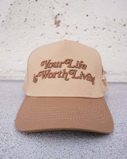 Tan + Brown "YOUR LIFE IS WORTH LIVING" Snapback Hat
