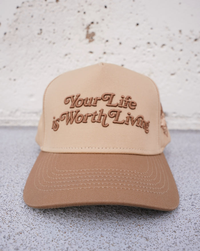Tan + Brown "YOUR LIFE IS WORTH LIVING" Snapback Hat