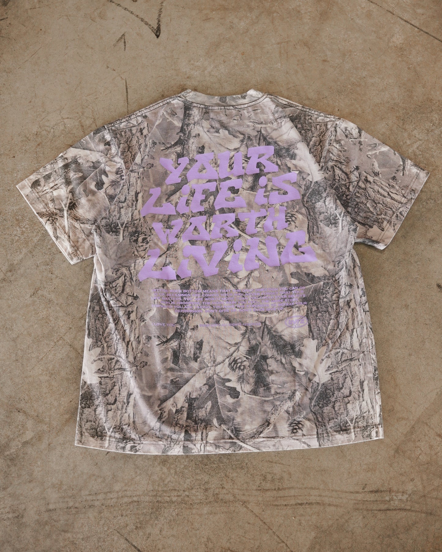 B&W Camo + Lavendar "Your Life is Worth Living" T-Shirt