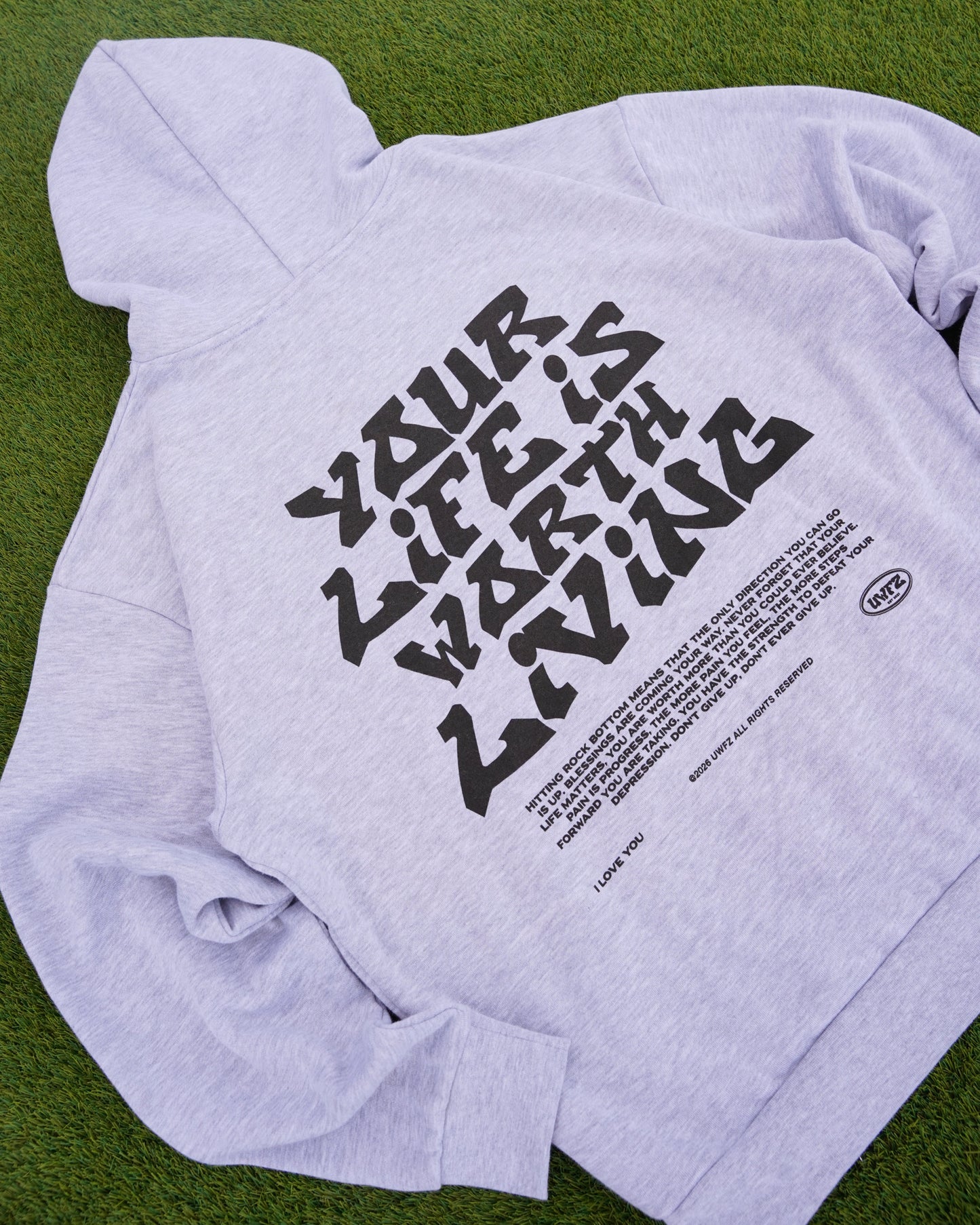 Grey + Black "YOUR LIFE IS WORTH LIVING" Hoodie (Mid-Light Weight Hoodie)