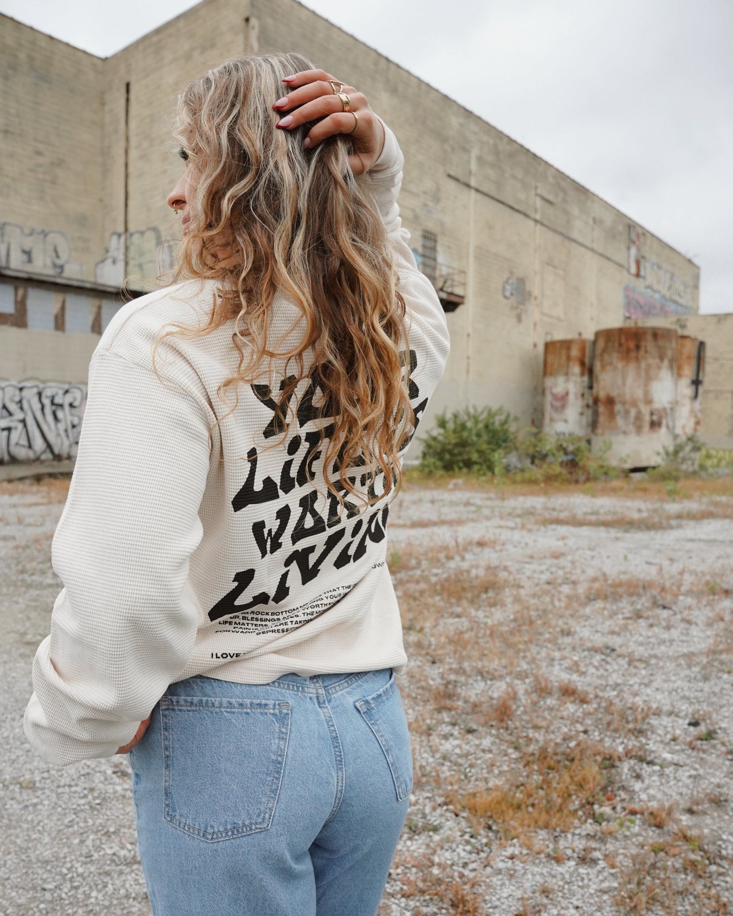 Cream + Black "YOUR LIFE IS WORTH LIVING" Thermal Long Sleeve (LIMITED)