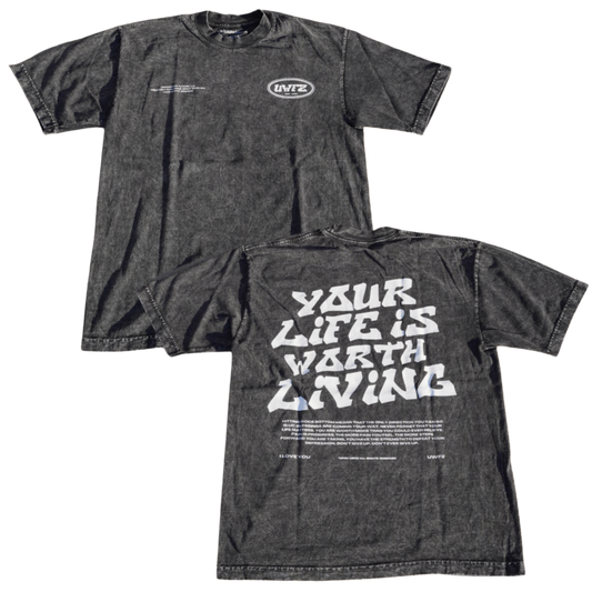 YOUR LIFE IS WORTH LIVING HEAVYWEIGHT TEE - Black Mineral Wash