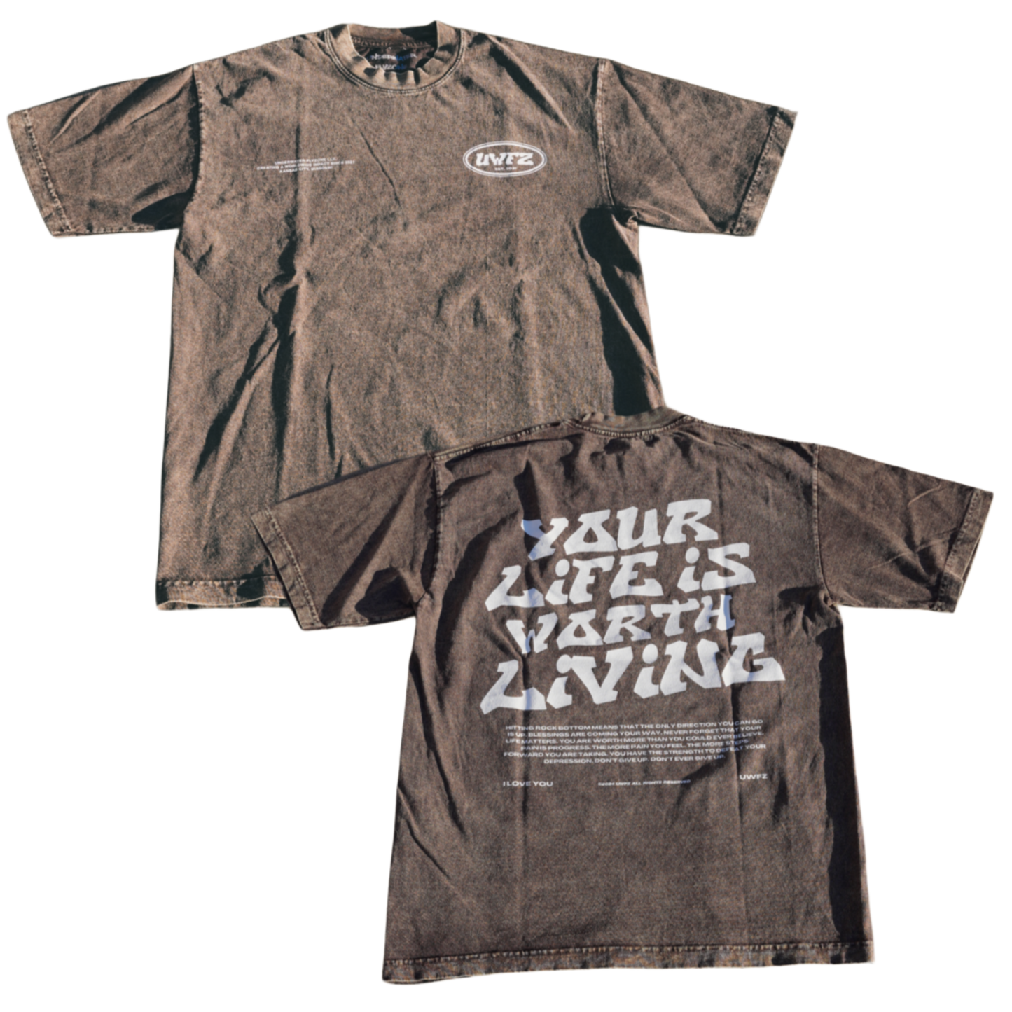 YOUR LIFE IS WORTH LIVING HEAVYWEIGHT TEE - Brown Mineral Wash