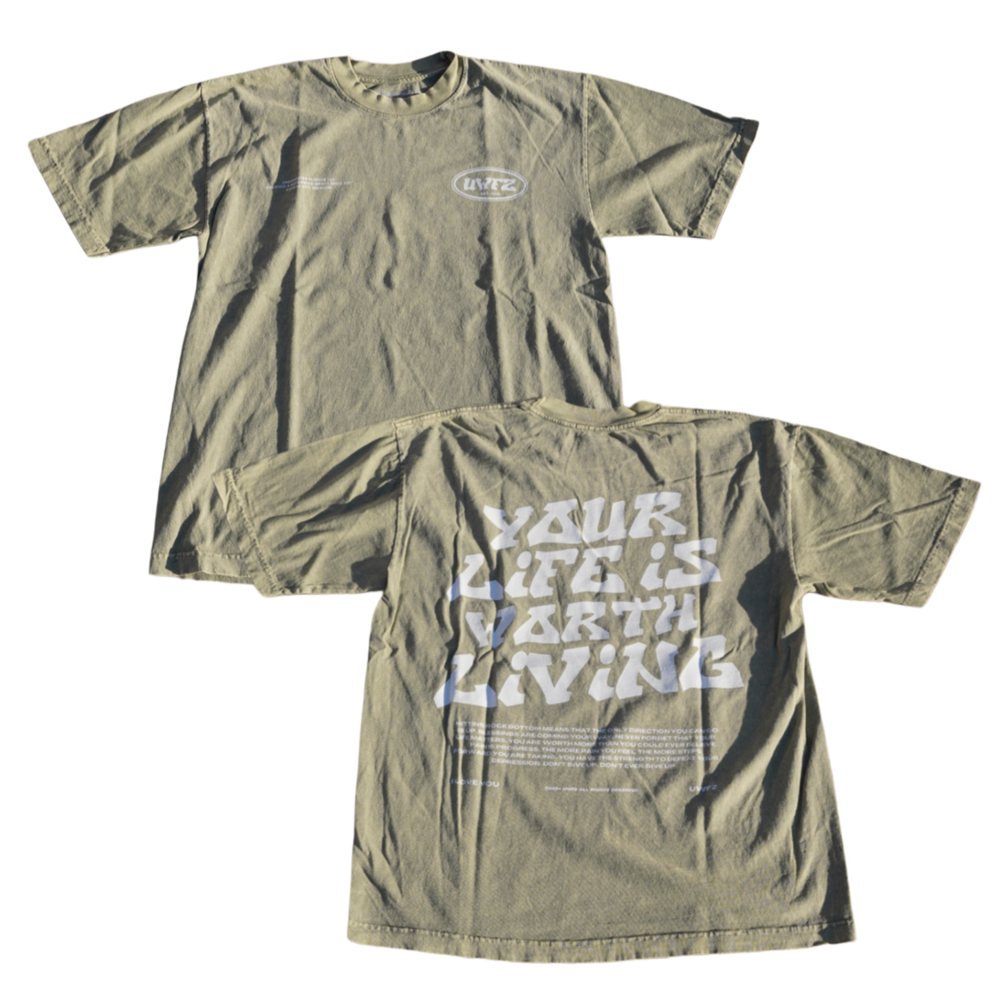 YOUR LIFE IS WORTH LIVING HEAVYWEIGHT TEE - Green Mineral Wash